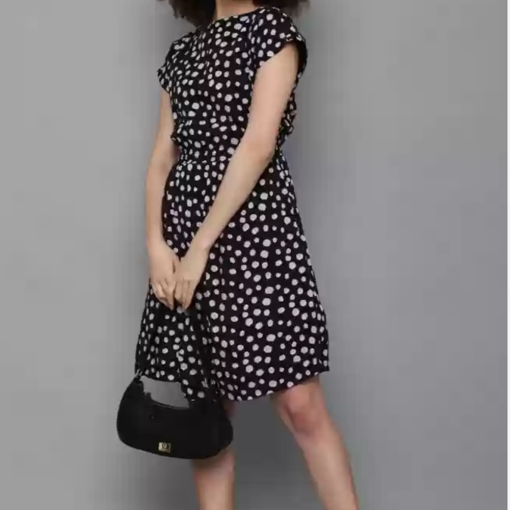 Contemporaine Black Dot Flare Dress – Sheer, Flowing, Cocktail & Office Wear